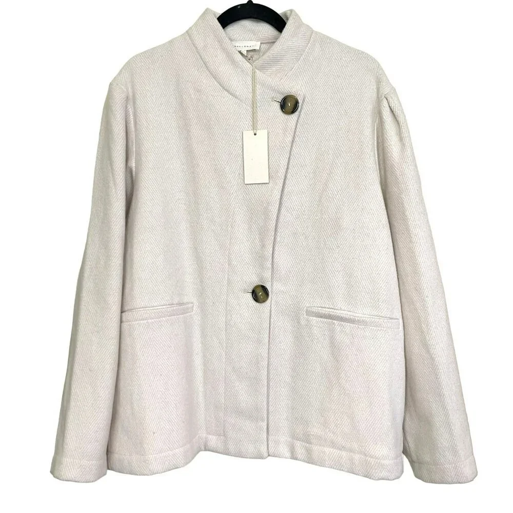 Melloday Herringbone Beige Wool Blend Pea Coat Size Large NWT